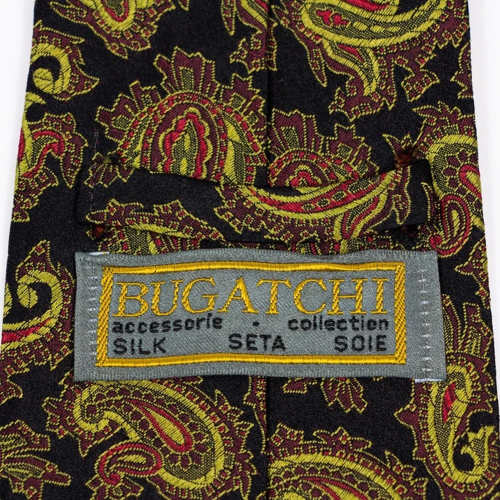 Bugatchi Mens Black Gold Paisley Silk Neck Tie Made in Italy‎